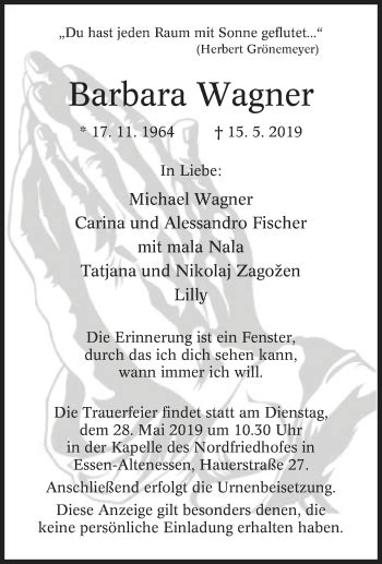 Traueranzeigen Von Barbara Wagner Trauer In Nrw De