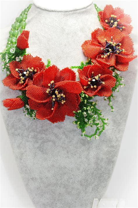 Beaded Flower Necklace Red Poppy Jewelry Floral Romantic Etsy