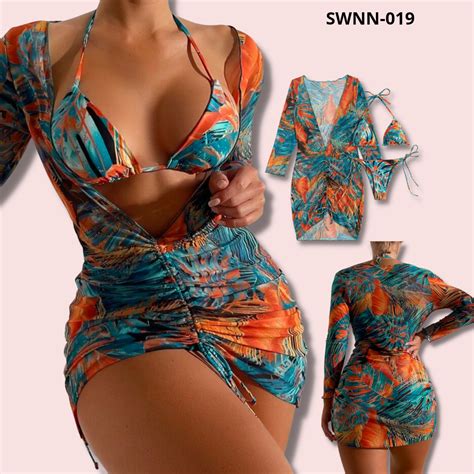 Allover Print Micro Triangle Bikini Swimsuit With Cover Up 019