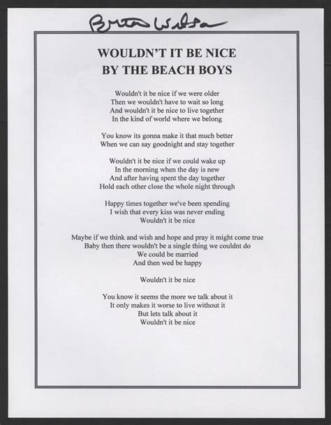 Lot Detail Brian Wilson Signed Beach Boys Wouldnt It Be Nice Lyric