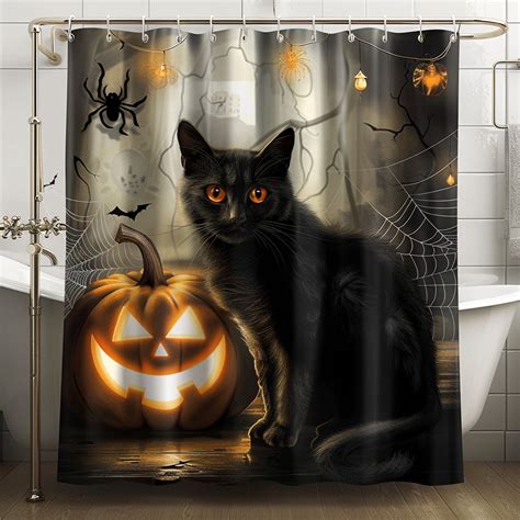 Spooky Halloween Black Cat And Pumpkin Shower Curtain Perfect For