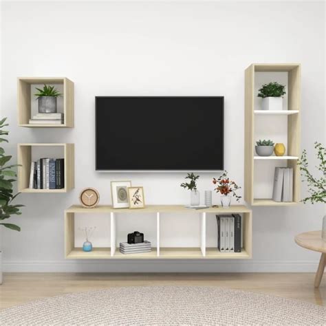 Dioche Ensemble De Meuble Tv Pcs Blanc Et Ch Ne Sonoma Agglom R Yw