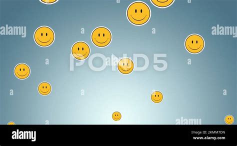 Digital Animation Of Multiple Smiling Face Emojis Floating Against Blue