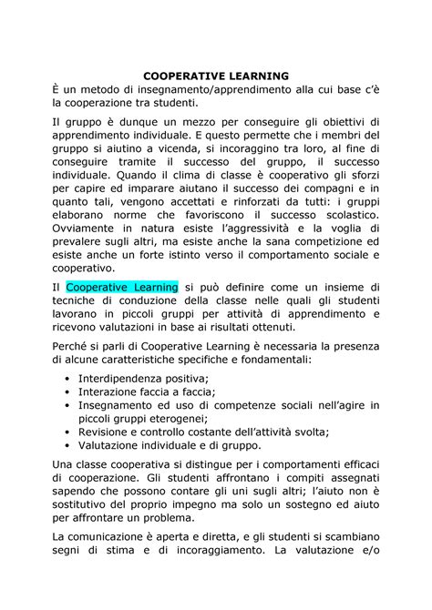 Appunti presi a lezione di Psicologia Dinamica COOPERATIVE LEARNING È