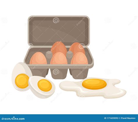 Raw Eggs Packed In Carton With Boiled And Scrambled Egg Near It