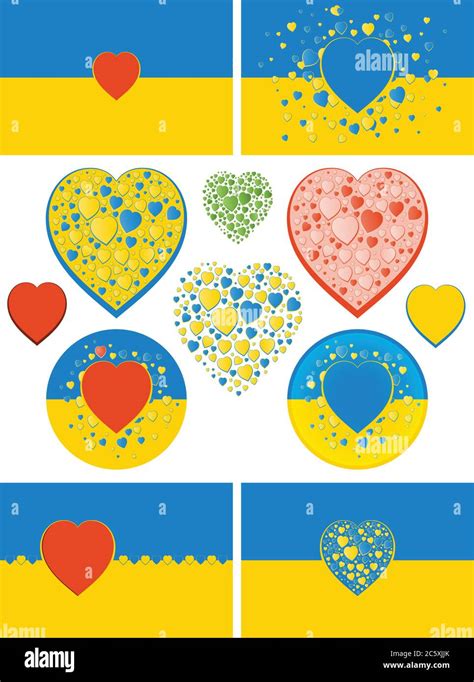 State flag of Ukraine with hearts variations. Green, red and bicolour blue and yellow hearts ...