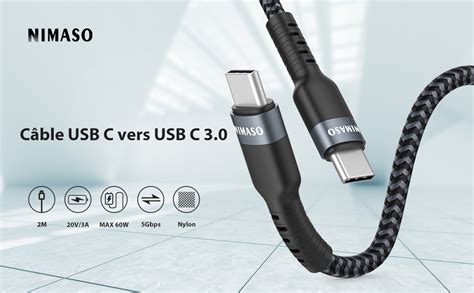 Nimaso Câble Usb C Vers Usb C 301mcâble Usb Type C Charge Rapide Power Delivery Nylon Tressé