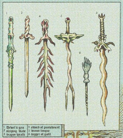 An Image Of Different Types Of Swords In Color And Black And White Ink