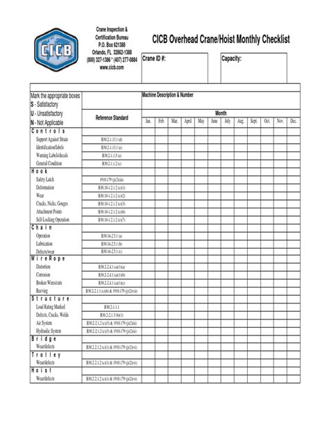 Monthly Checklist Overhead Cranepdf Rope Crane Machine