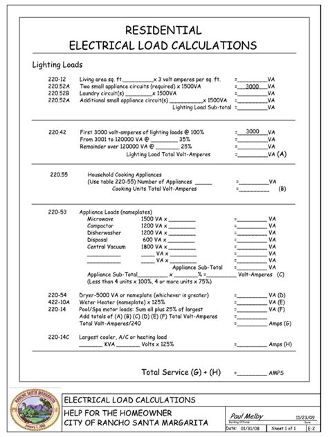 Residential Electrical Load Calculation Worksheet PDF | PDF