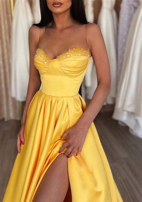 A Line Sweetheart Spaghetti Straps Satin Long Beading Prom Dress With