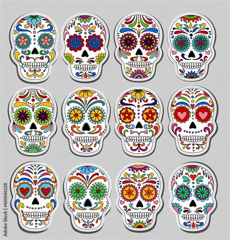 Day of the Dead skulls stickers. Dia de los muertos. Day of the dead and mexican Halloween ...