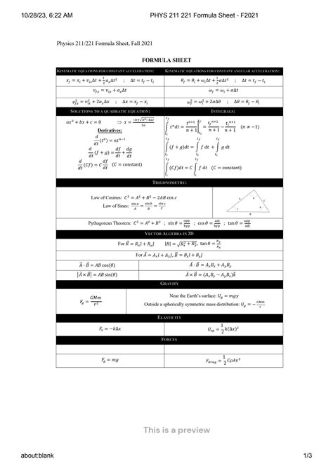 SOLUTION Phys 211 221 Formula Sheet F2021 Studypool