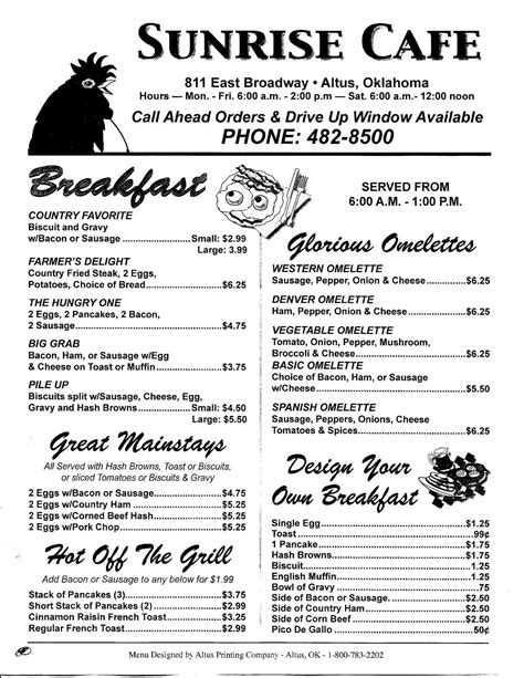 Menu At Sunrise Cafe Altus