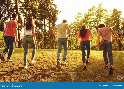 Un Gruppo Di Persone Felici Al Tramonto Sulla Natura Immagine Stock