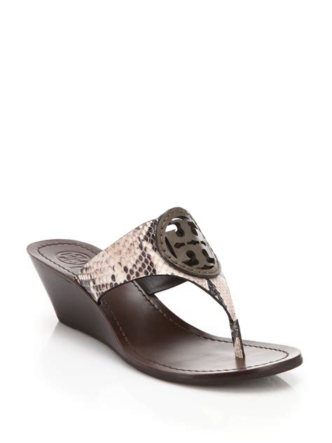 Tory Burch Louisa Snakeskin Embossed Leather Thong Wedge Sandals In