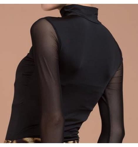 Black Turtle Neck Long Sleeves See Through Patchwork Womens Ladies