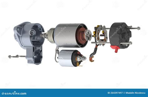 Car Starter Exploded View Components 3d Rendering Isolated On White Background Stock