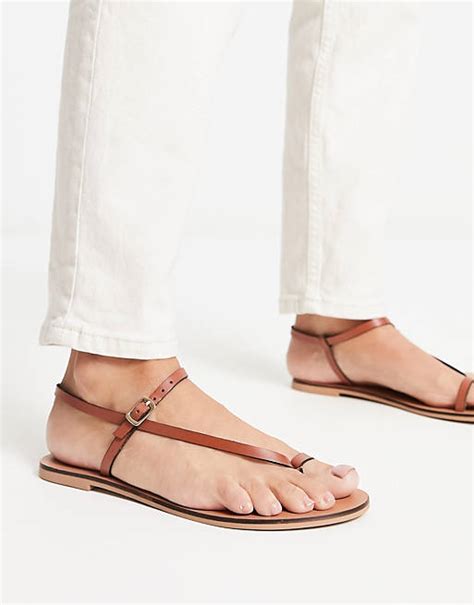 Asos Design Flutter Leather Toe Loop Flat Sandals In Tan Asos