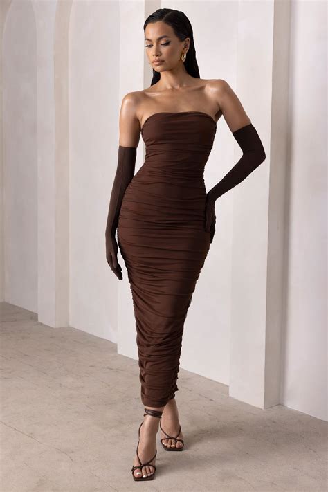 My Lady Chocolate Brown Strapless Bodycon Ruched Mesh Maxi Dress In