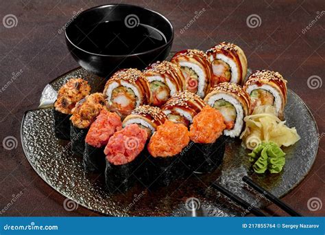 Sushi Set Of Gunkan Maki And Rolls With Eel On Platter Stock Photo