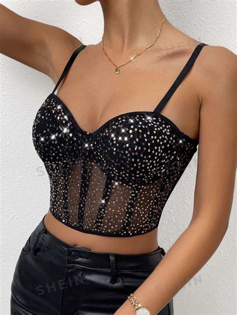 SHEIN Glamour Top De Tirantes Crop Con Lentejuelas De Malla Bustier