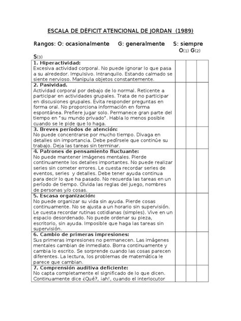 Escala De DÉficit Atencional De Jordan Trastorno Por Déficit De Atención E Hiperactividad