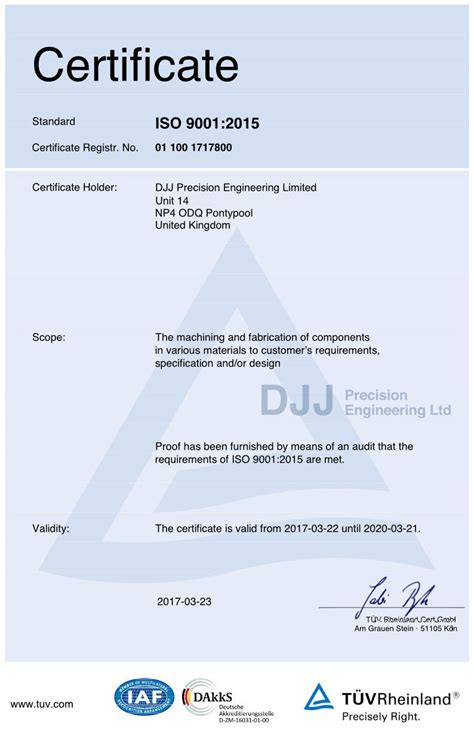 Tuv Rheinland Certification Assured Quality Djj Precision Engineering