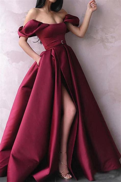 A Line Off The Shoulder Burgundy Satin Prom Dresses With Pockets High Split On Sale Promdress