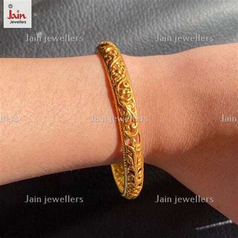 18 Kt 22 Kt Real Gold Engraved Handmade Women S Bracelet Bangle 9 23