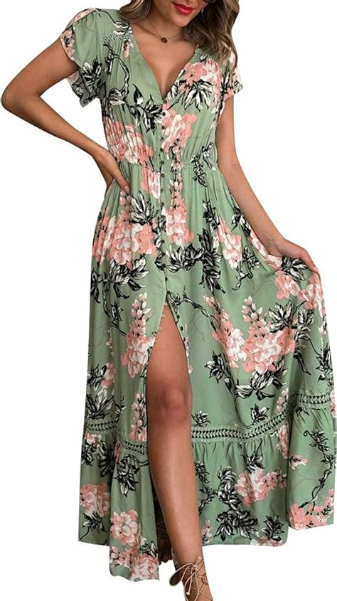 Berrygo Womens Boho Button Down Floral Beach Dress V Neck Split Party