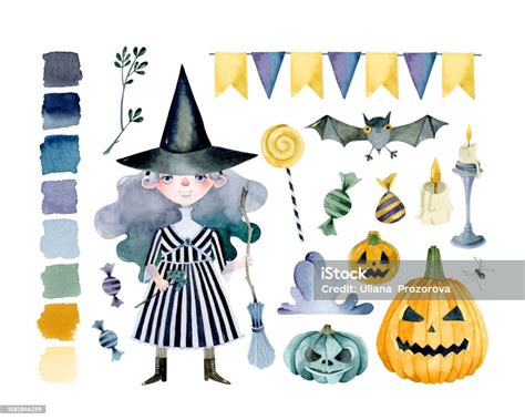 Halloween Witch With Pumpkins Coven Watercolor Elements Set Stock