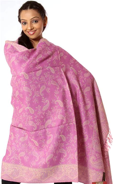 Pink And Beige Reversible Jamawar Shawl With Paisley Assembly Exotic