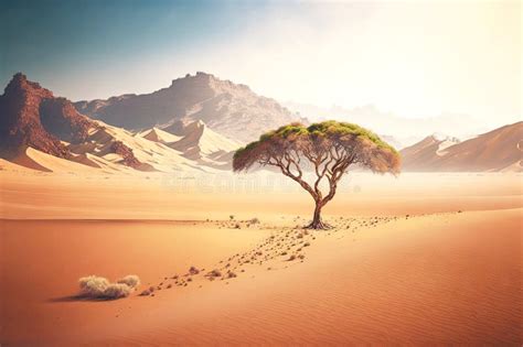 Lonely Tree In Arid Desert Surrounded By Mountains And Sand Stock Image