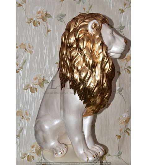 Ceramic Statue Sculpture Lion Closed Mouth Lion Pearl White Mane Gold