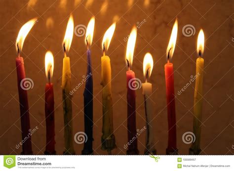 Colorful Chanukah Candles Lit in the Menorah, Candle Light Stock Image ...