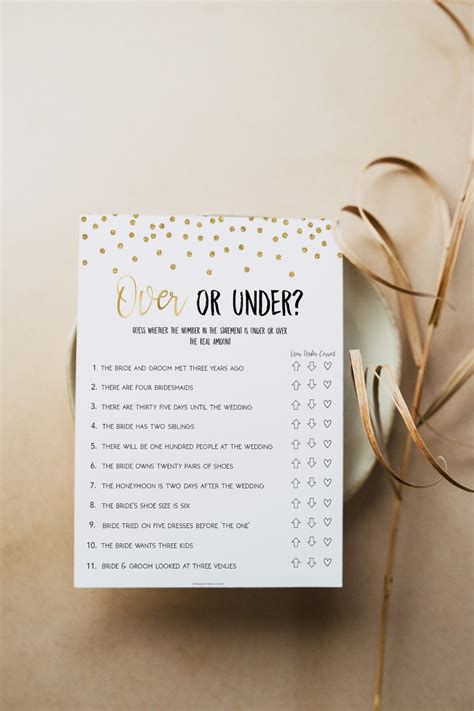 Bridal Shower Game Over Or Under Bridal Shower Games Gold Etsy