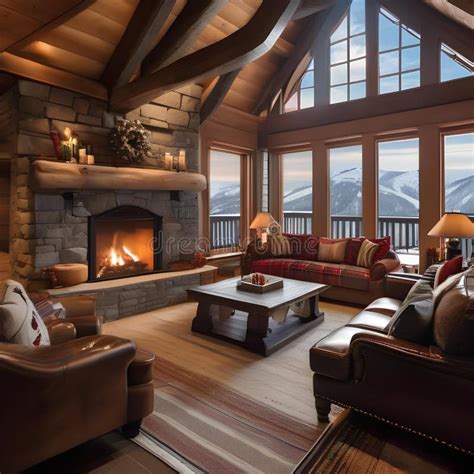 A Cozy Ski Lodge Living Room With A Stone Fireplace Plaid Throws And