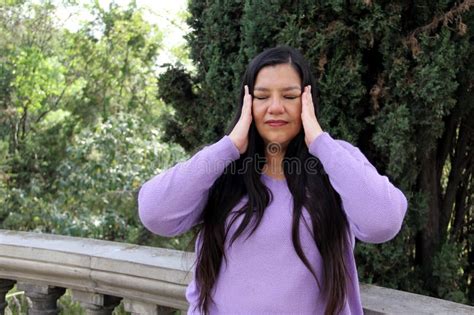 Year Old Latina Woman Suffers From Headache Or Migraine Due To Contamination Hypertension