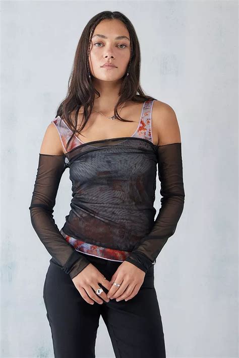 Uo Sheena Double Layered Printed Mesh Top Urban Outfitters Uk