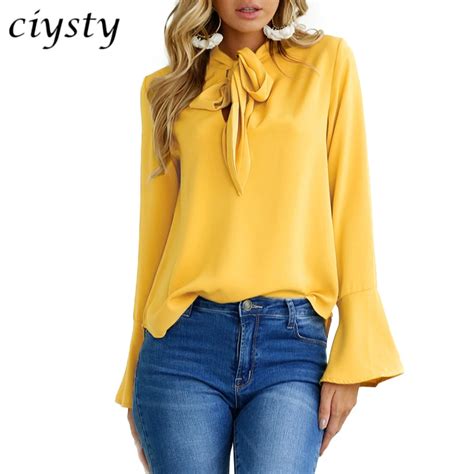 Ciysty Elegant Flare Sleeve Bow Neck Shirts With Bow Tie Female Office