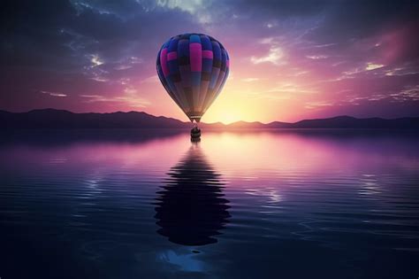 Premium Ai Image A Hot Air Balloon Floating On A Lake With A Sunset