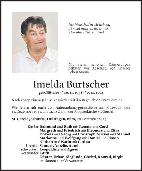 Todesanzeigen Von Imelda Burtscher Todesanzeigen Vorarlberger Nachrichten