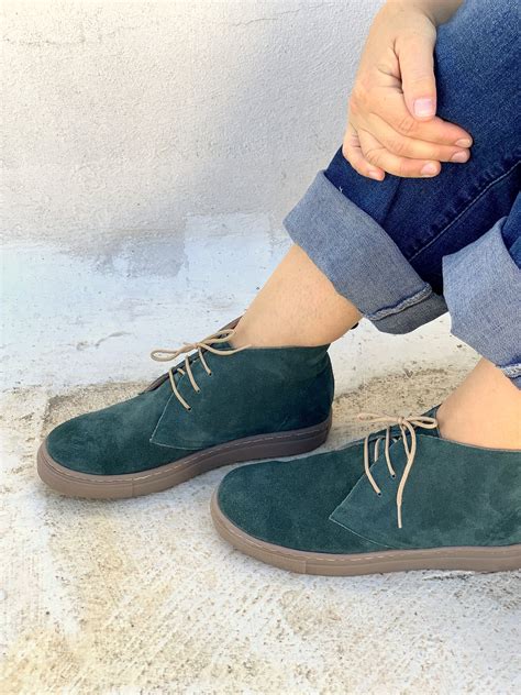 Dark Green Leather Shoes Handmade Aelia Sneakers Green Ankle Boots For