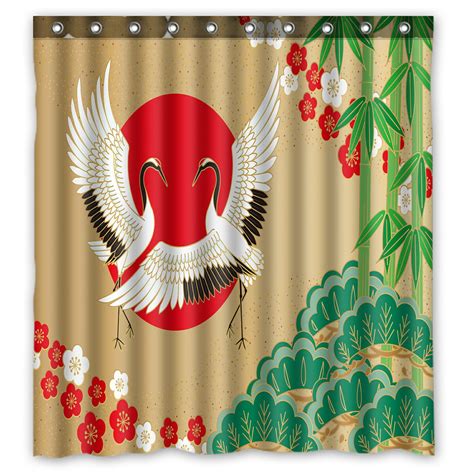 Phfzk Asian Shower Curtain Japanese Style With Cranes And Pine Bamboo