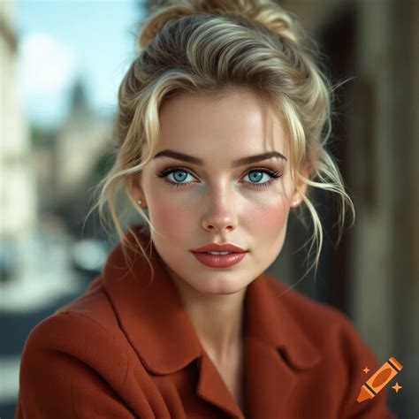 Close Up Photorealistic Portrait Of A Blonde Woman With Blue Eyes Wearing A Coat On Craiyon