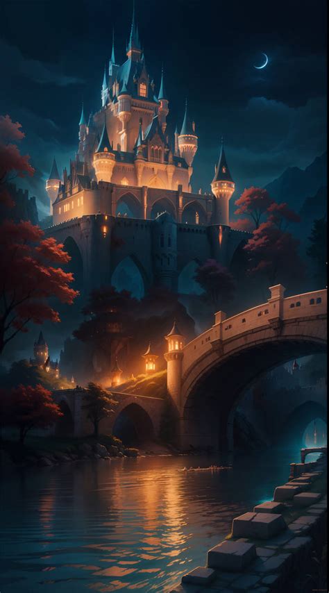 Anime Castle by a River at Night - 4 by steffbot on DeviantArt