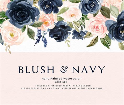 Watercolor Floral Clip Art Blush And Navy Small Set Individual Etsy