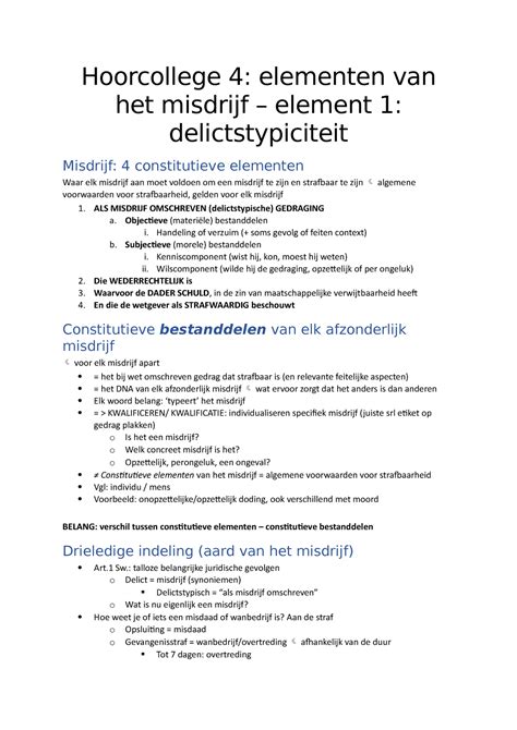 Strafrecht Hoorcollege 4 Definitief Hoorcollege 4 Elementen Van Het