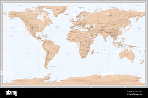 Vintage World Map Retro Countries Boundaries On Topographic Or Marine